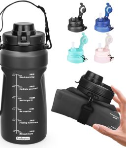 Nefeeko Collapsible Water Bottles, 1.5L Reusable Collapsible Water Bottle for Travel Leakproof, BPA Free Foldable Silicone Water Bottles with Straw for Traveling Sport Gym Camping Hiking