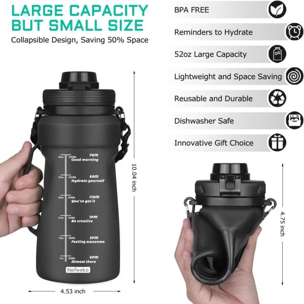 Nefeeko Collapsible Water Bottles, 1.5L Reusable Collapsible Water Bottle for Travel Leakproof, BPA Free Foldable Silicone Water Bottles with Straw for Traveling Sport Gym Camping Hiking - Image 2
