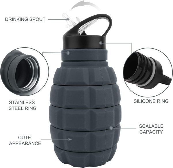 19.5oz Collapsible Travel Water Bottle, Reuseable BPA Free Silicone Foldable Water Bottles for Travel Gym Camping Hiking, Portable Leak Proof Sports Water Bottle with Carabiner(Gray) - Image 2