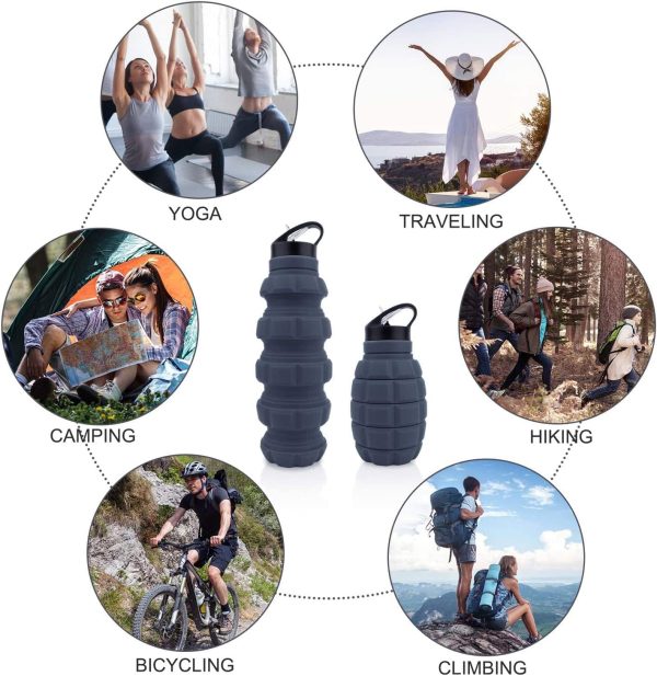 19.5oz Collapsible Travel Water Bottle, Reuseable BPA Free Silicone Foldable Water Bottles for Travel Gym Camping Hiking, Portable Leak Proof Sports Water Bottle with Carabiner(Gray) - Image 6
