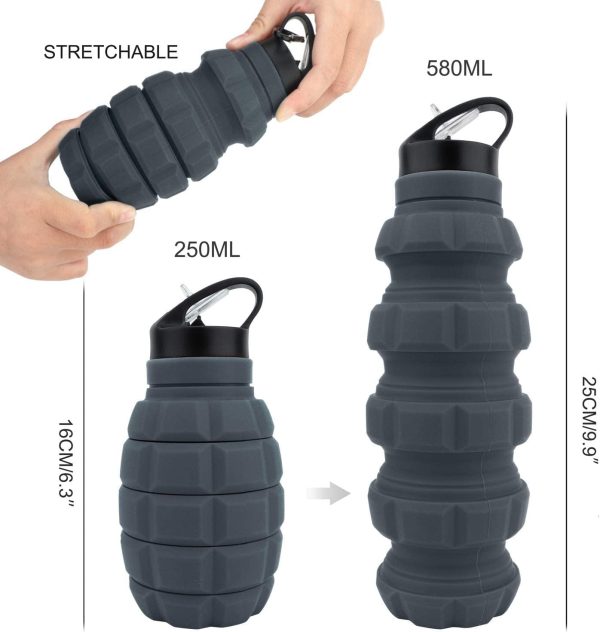 19.5oz Collapsible Travel Water Bottle, Reuseable BPA Free Silicone Foldable Water Bottles for Travel Gym Camping Hiking, Portable Leak Proof Sports Water Bottle with Carabiner(Gray) - Image 7
